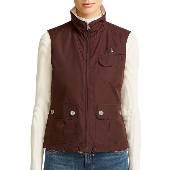 Lauren Ralph Lauren Vest Utility Brown Women L Pockets Reversible Outdoor Casual - Picture 1 of 12